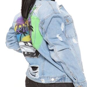 Women’s Jean graphic denim just ride jacket design on back purple green black